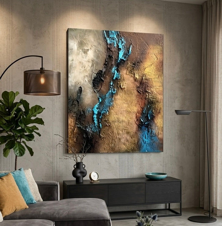 Cuadro abstracto efecto piedra y azules